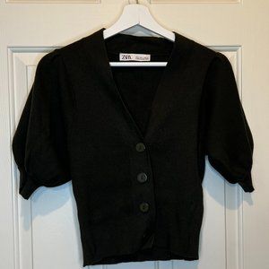 Zara Cropped Sweater Cardigan Small Black Puffed Short Sleeves